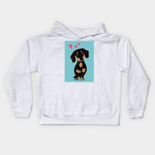 Cute Cartoon Dachshund with Three Pink Hearts Kids Hoodie